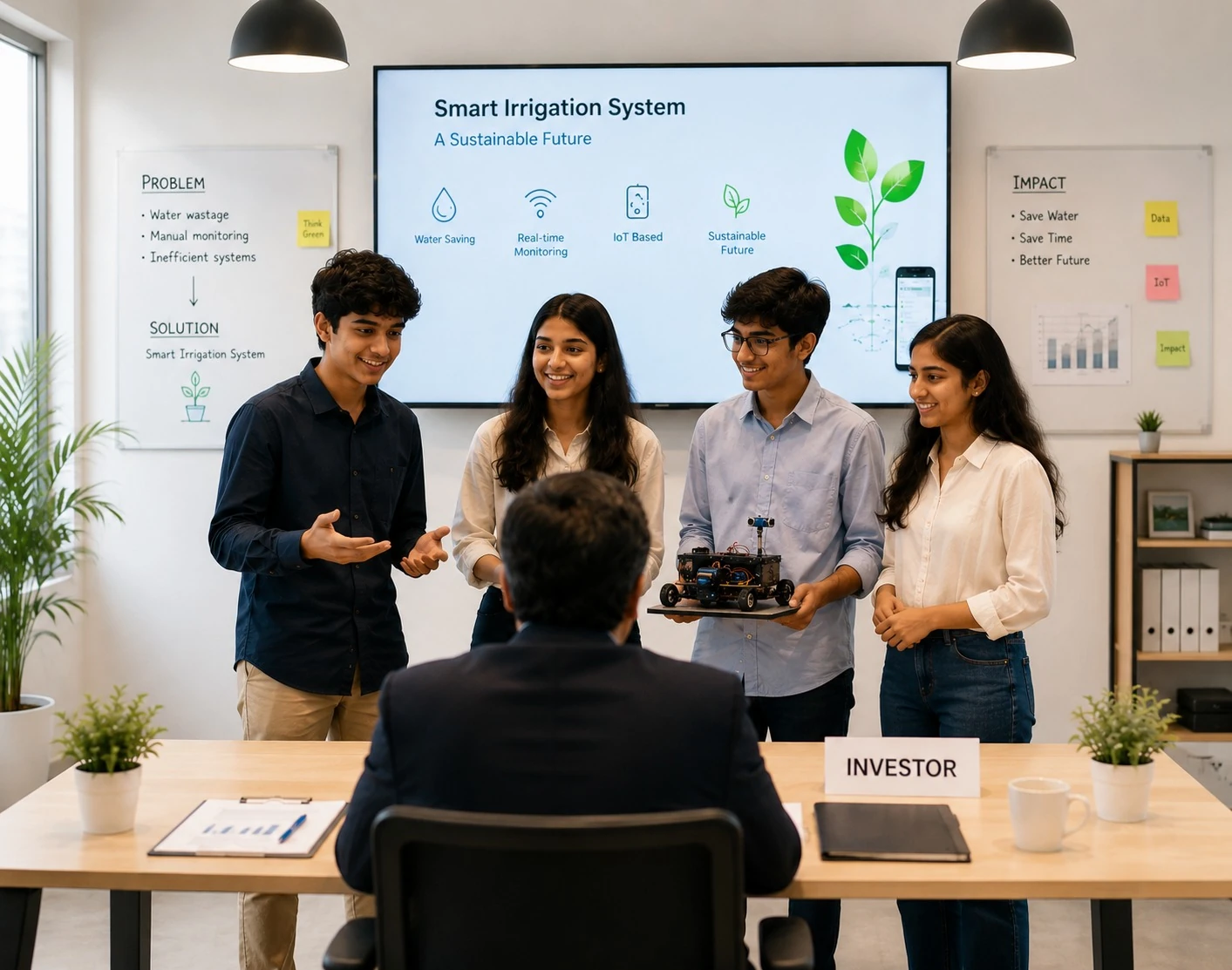 Indian students pitching a smart irrigation project to an investor